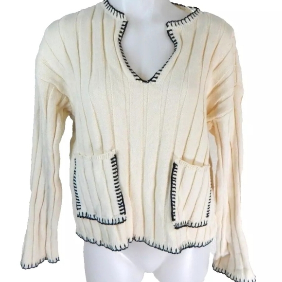 Zara Ecru Black Contrasting Topstitch Sweater - Picture 2 of 4